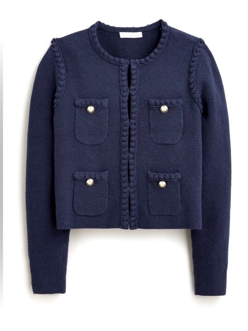 J. Crew Navy Braided-Trim Cotton Boucle Lady Jacket Cardigan